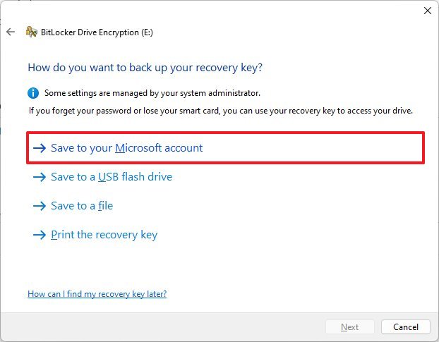 Сохраните BitLocker в учетной записи Microsoft