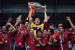 Spain captain Iker Casillas lifts the Euro 2012 trophy after victory over Italy in the final.