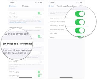 Tap Text Message Forwarding, tap switch