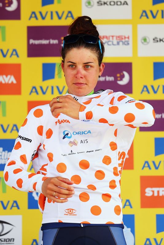 The KOM jersey for sprinter Mel Hoskins (Orica-AIS)