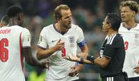 Harry Kane of England protests to Referee Alireza Faghani after a penalty kick is given to Mexico after his foul on Brian Gutierrez in the FIFA World Cup 2026 last match at Mexico City Stadium