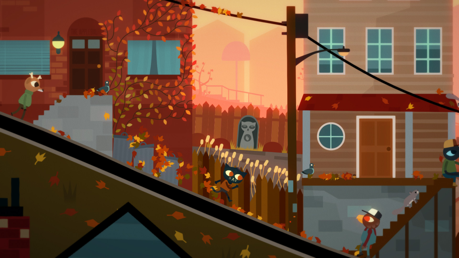 In adventure game Night in the Woods, cat protagonist Mae runs down an autumnal street in the mining town of Possum Springs