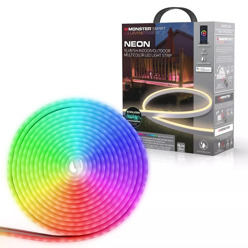 Monster 5m Smart Neon Led Light Strip Indoor/outdoor: Multicolored Exterior Led Lighting, 12 Settings, 16.4ft Length