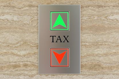 Lift buttons pointing up and down with the word tax in the middle