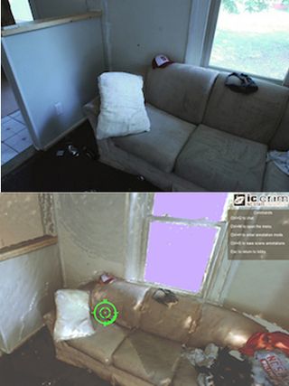 A real crime scene (top) and the same scene simulated (bottom).