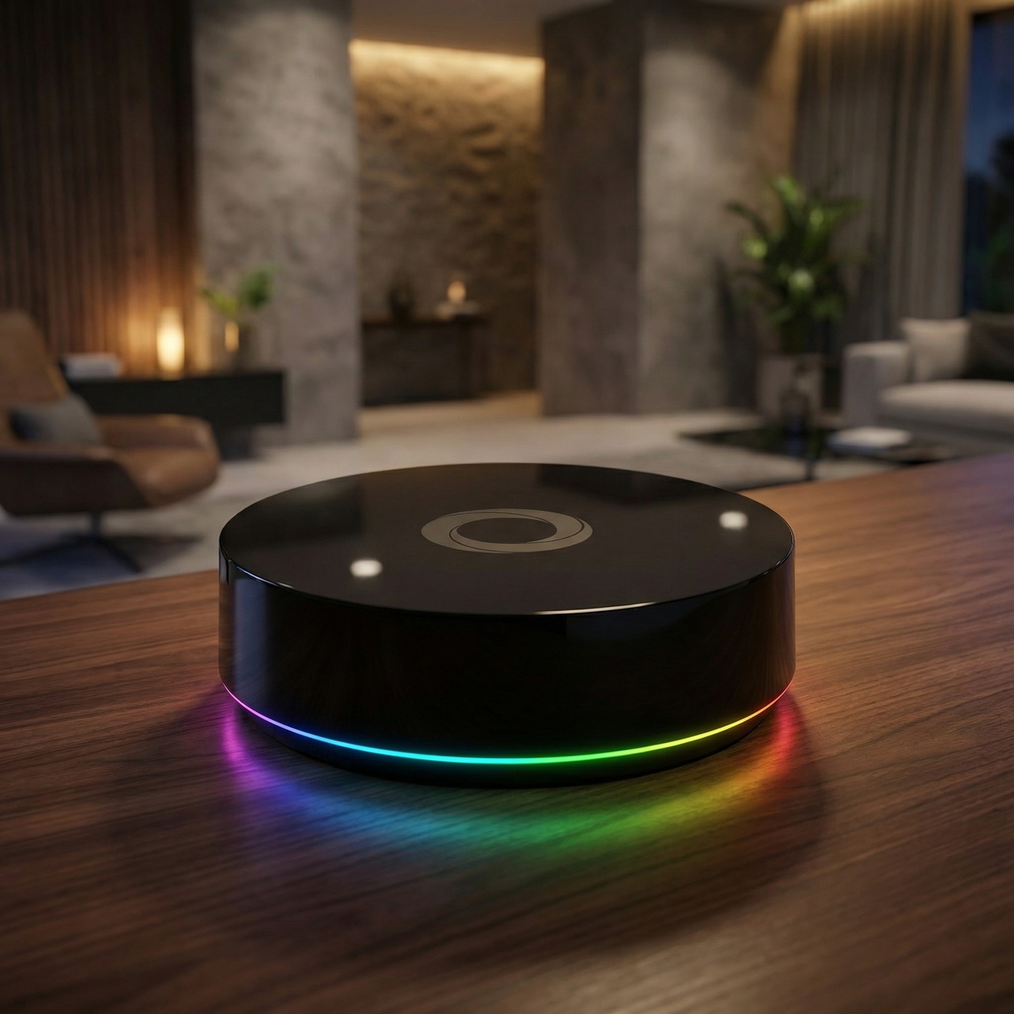 Homey pro, one of the best smart hubs, on a wooden table with a chair, table and sofa in a living room in the background