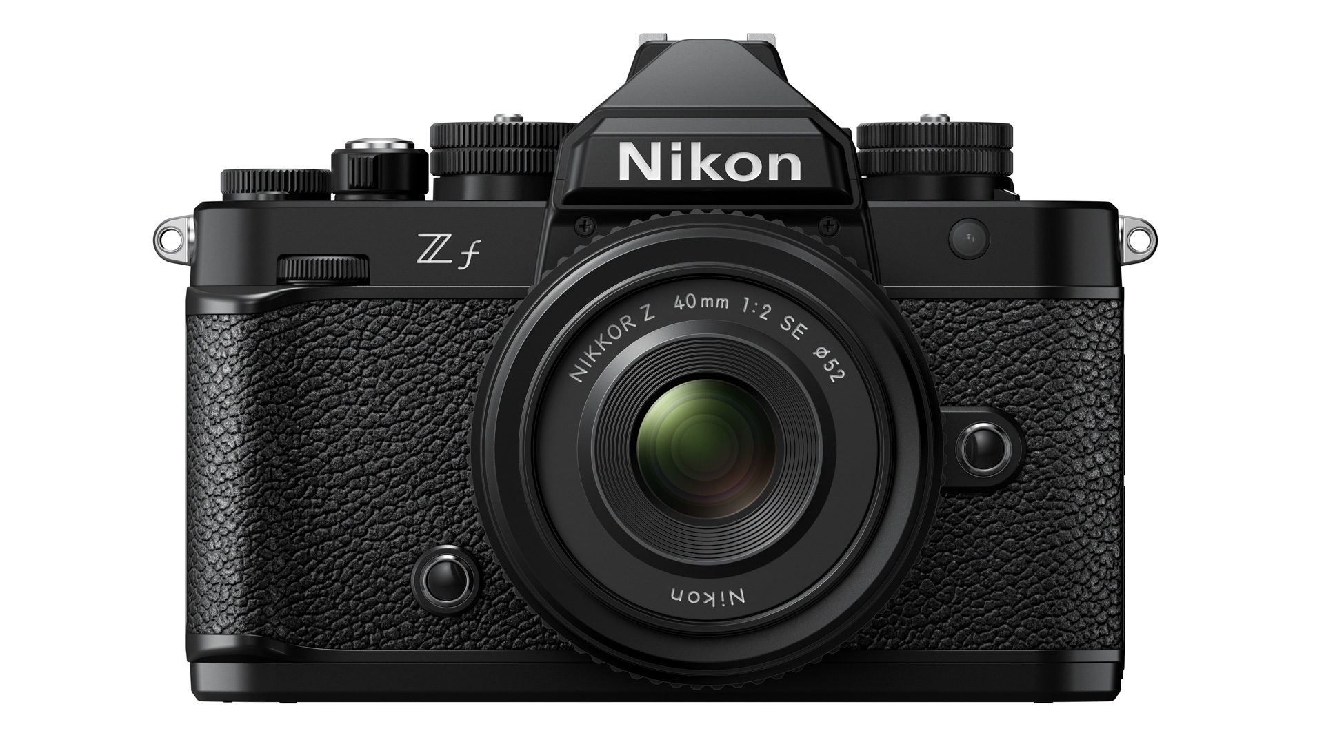 Nikon Zf front, lens attached, on a white background