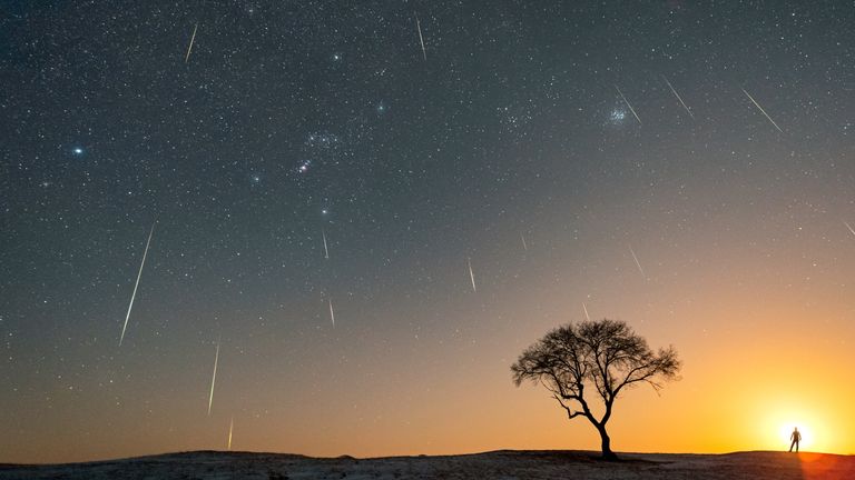 Meteor shower 2022: The moon sets and meteors are beside a lonely tree on the grassland. Geminid meteor shower in Inner Mongolia, China on December 14, 2021.
