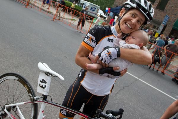 Anne Samplonius celebrates her win of with her new baby, Olympia Samplonius Powers. Samplonius is a Olympic athlete for Canada.