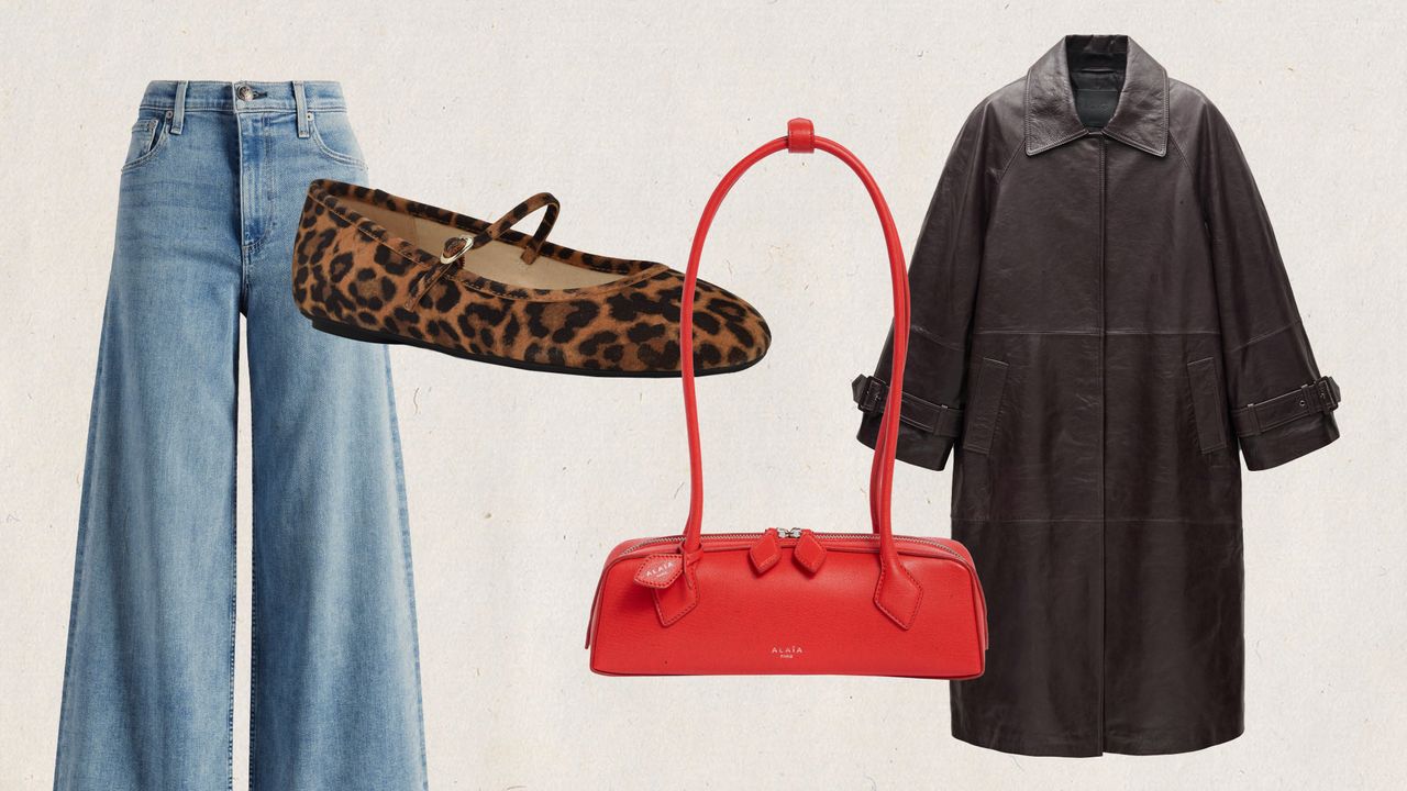 Collage of Levi&#039;s jeans, Alaïa bag, Mango trench coat, and Nine West flats.