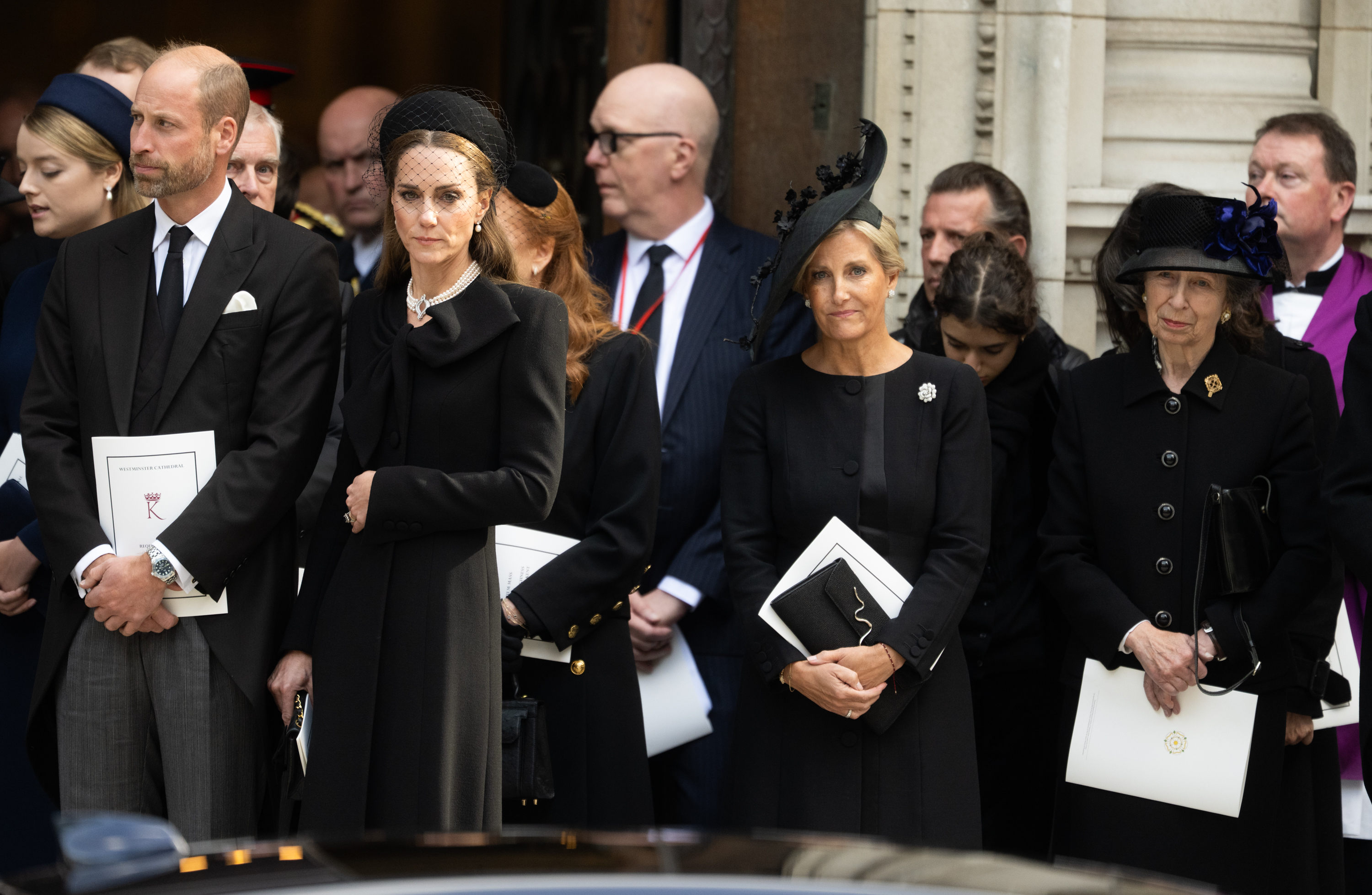 Prince William, Princess Kate, Duchess Sophie and Princess Anne wearing black at Duchess of Kent's funeral