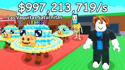 A press shot for Steal a Brainrot codes, showing a character stood next to the secret Las Vaquitas Saturnitas brainrot on the red carpet