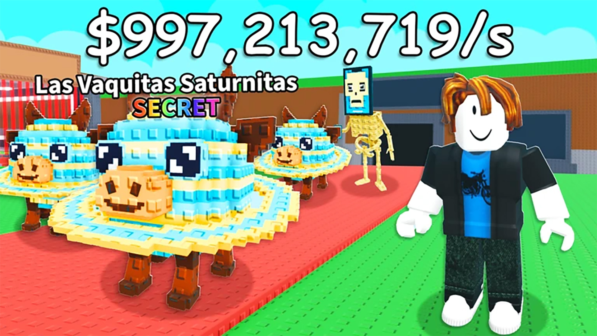 A press shot for Steal a Brainrot codes, showing a character stood next to the secret Las Vaquitas Saturnitas brainrot on the red carpet