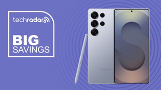 The Samsung Galaxy S25 Ultra against a violet background. Text reads: Big savings