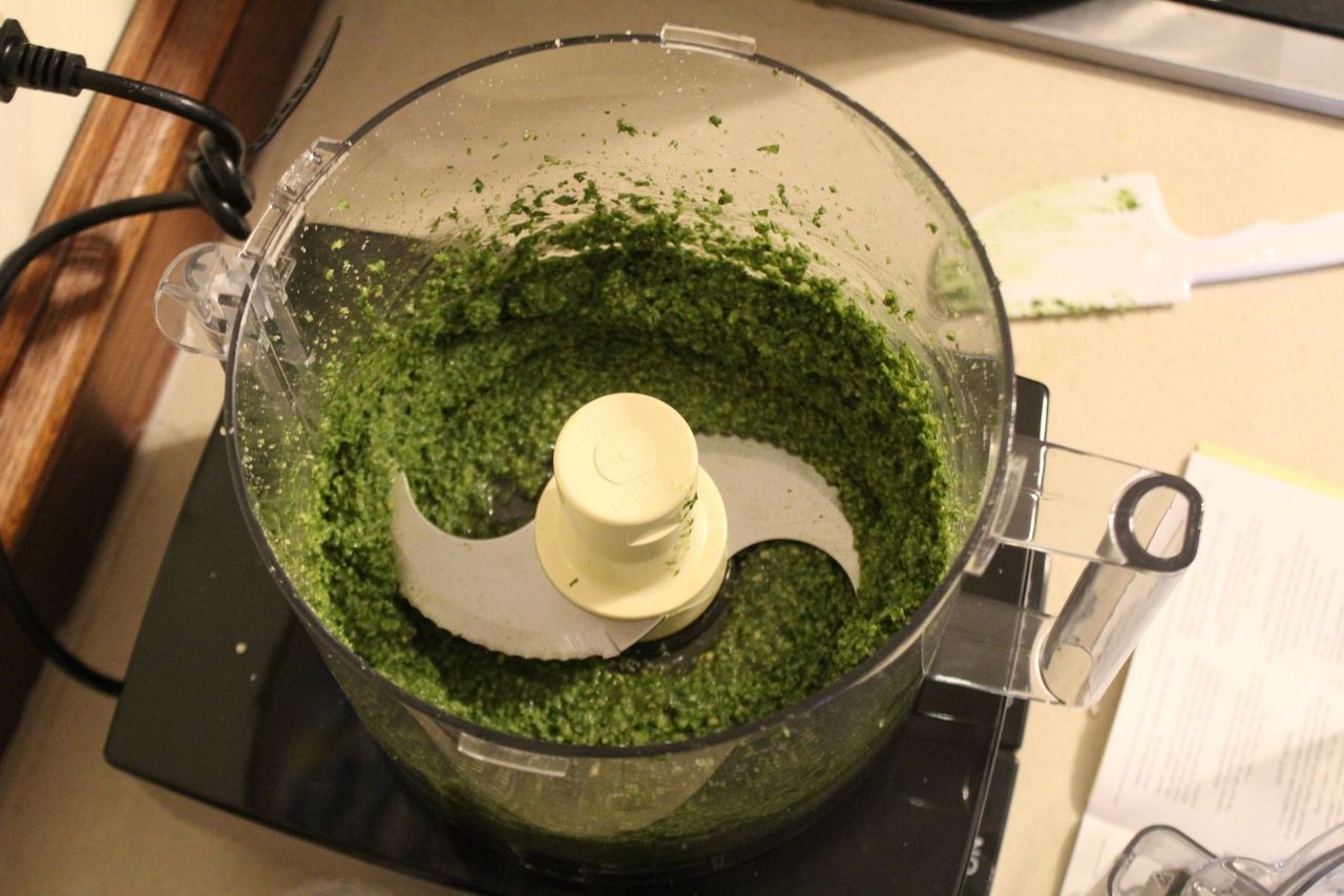 An overhead view of homemade pesto