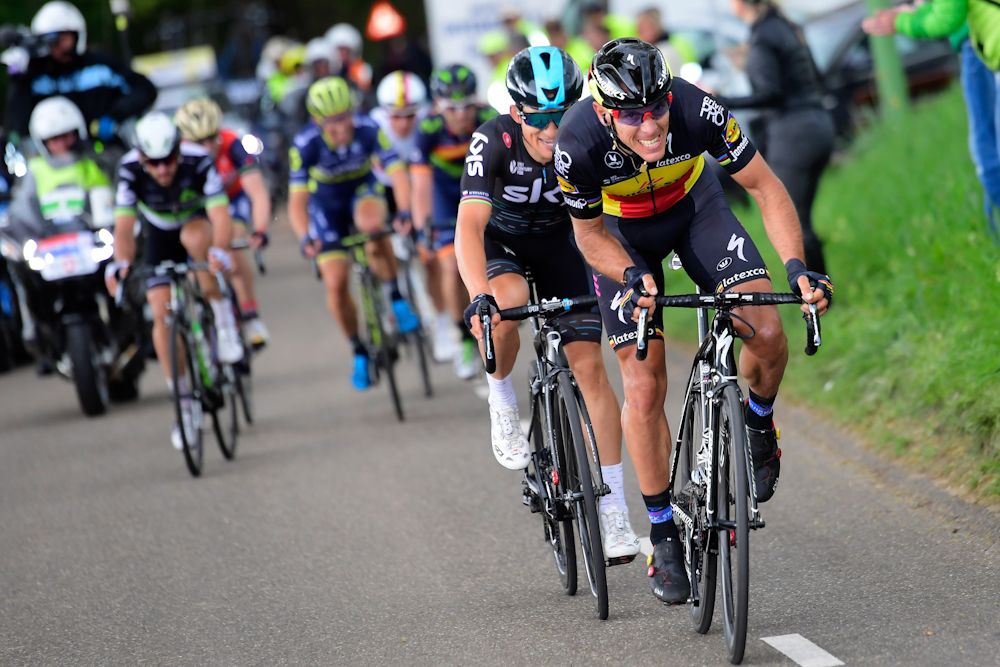 Phlippe Gilbert and Michal Kwiatkowski pull away from the lead group at the 2017 Amstel Gold Race