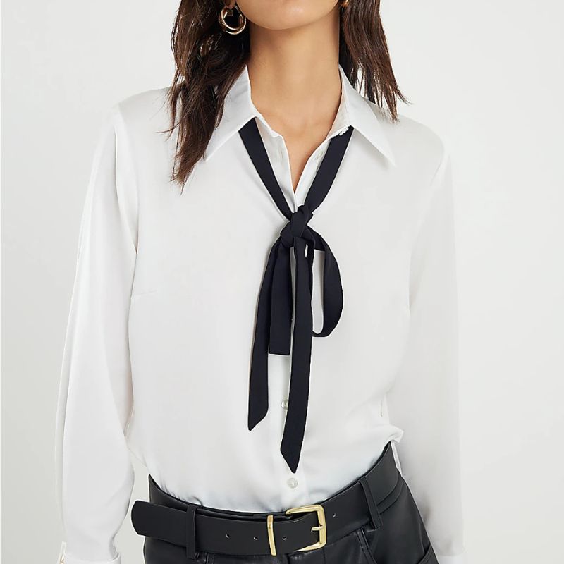 River Island , White Satin Tie Detail Long Sleeve Shirt
