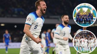 Harry Kane celebrates scoring to make it 2-0 during the UEFA EURO 2024 qualifying round group C match between Italy and England at Stadio Diego Armando Maradona on March 23, 2023 in Naples, Italy. (Photo by Michael Regan/Getty Images)