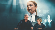 Ben Miles, Claire Skinnner and Saoirse-Monica Jackson in The Trial.