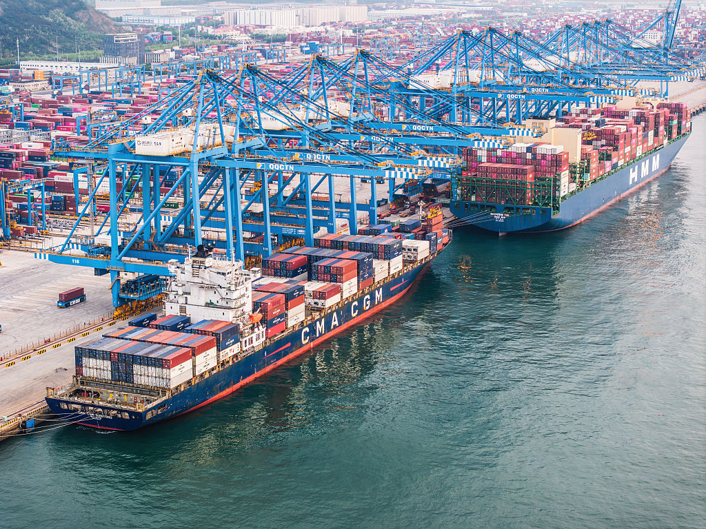 Aerial view of cargo ships loaded with containers for export at Qingdao Port on 6 May 2025 in Qingdao, Shandong Province of China.