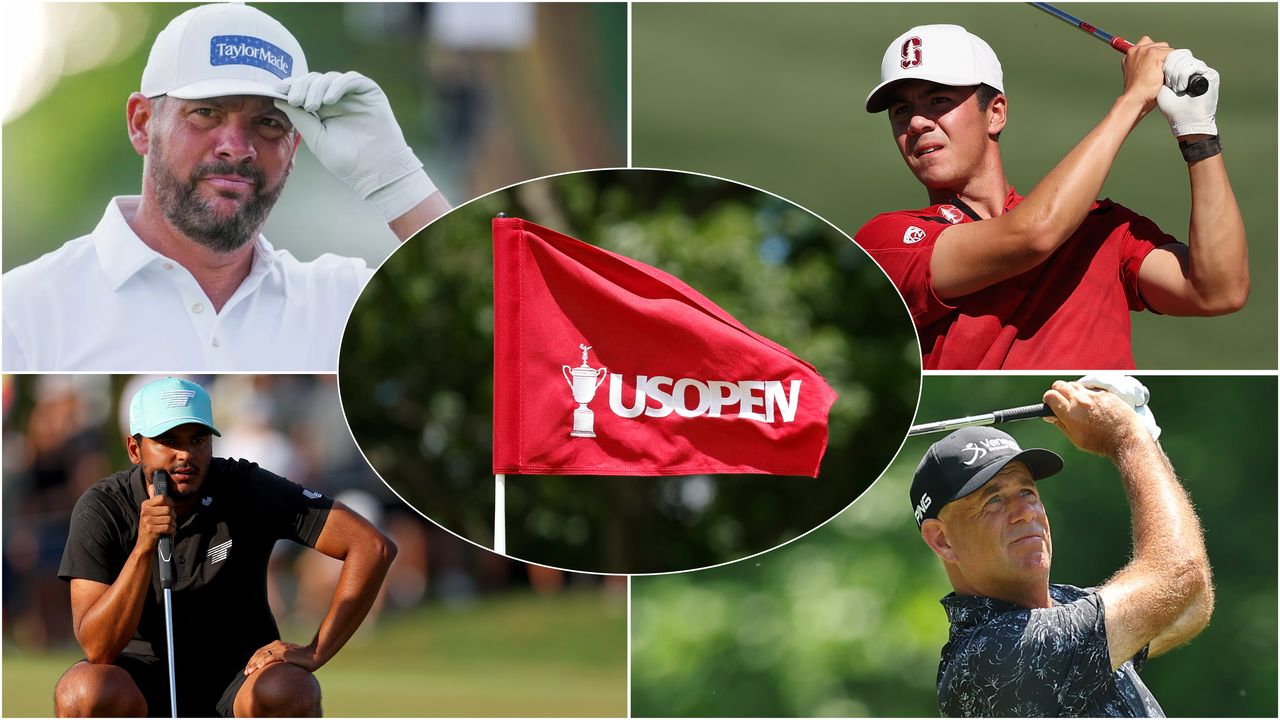 Four golfers and a US Open flag in a montage