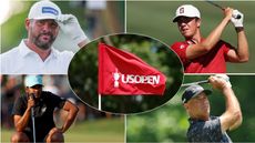 Four golfers and a US Open flag in a montage