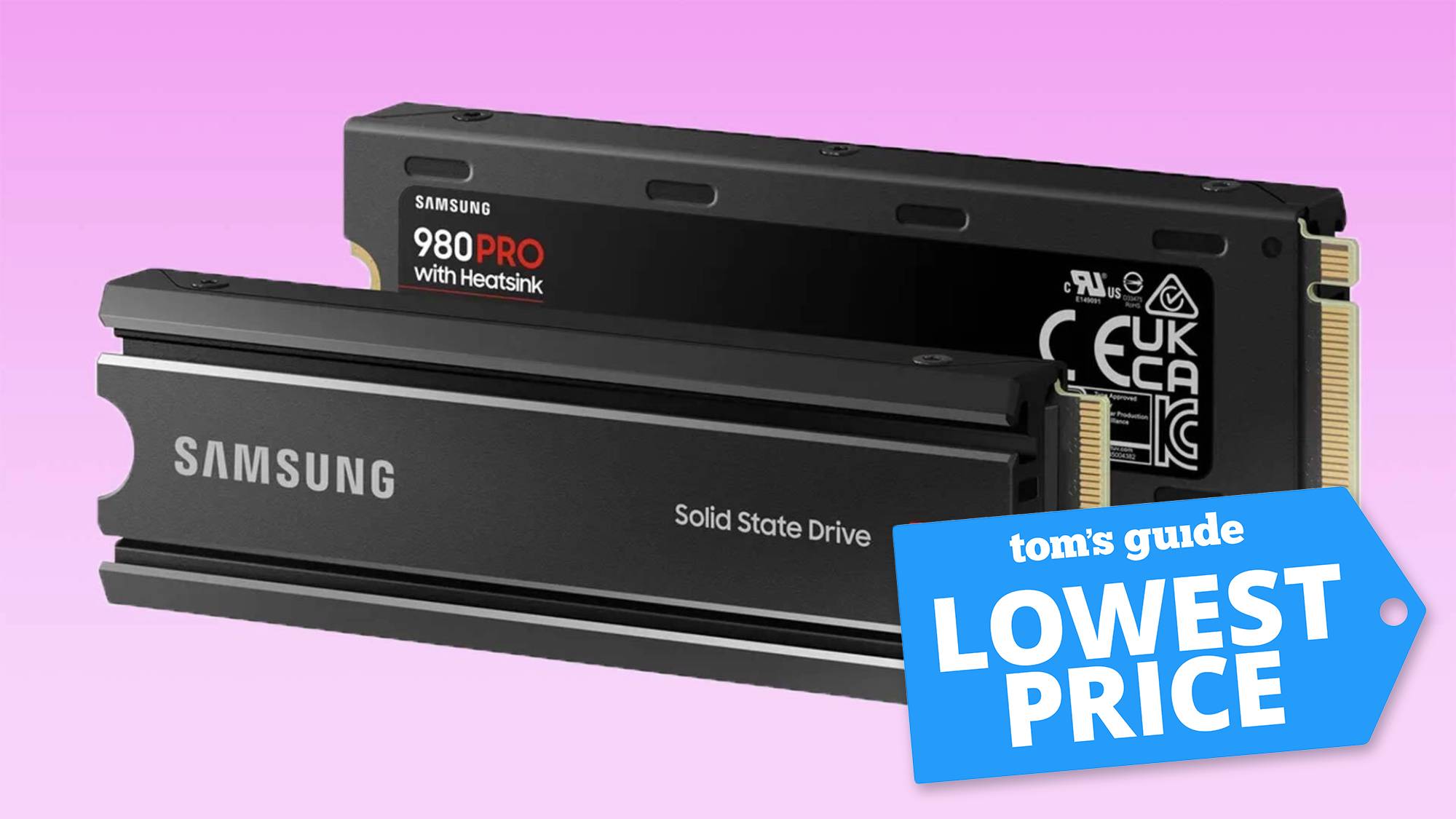 Samsung 980 Pro SSD con una etiqueta de oferta de Tom's Guide