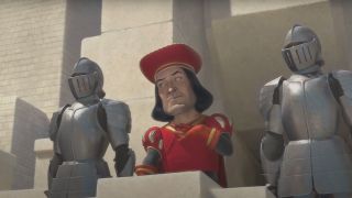 Lord Farquadd standing on a balcony alongside two knights delivering a speech to residents of Duloc below in Shrek.