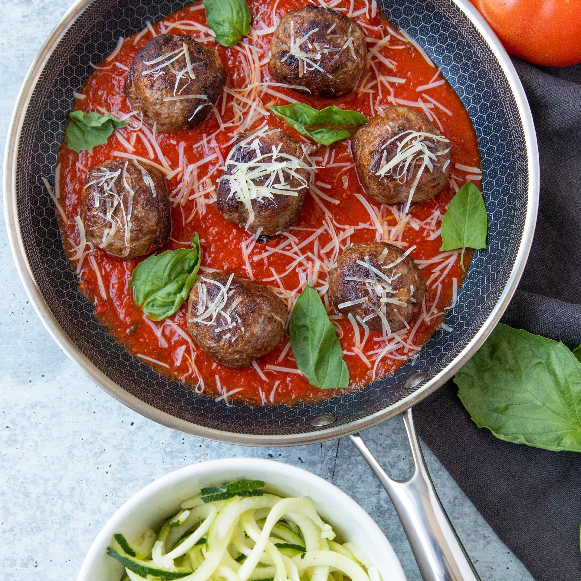 HexClad 10" frying pan with meatballs