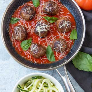 HexClad 10" frying pan with meatballs