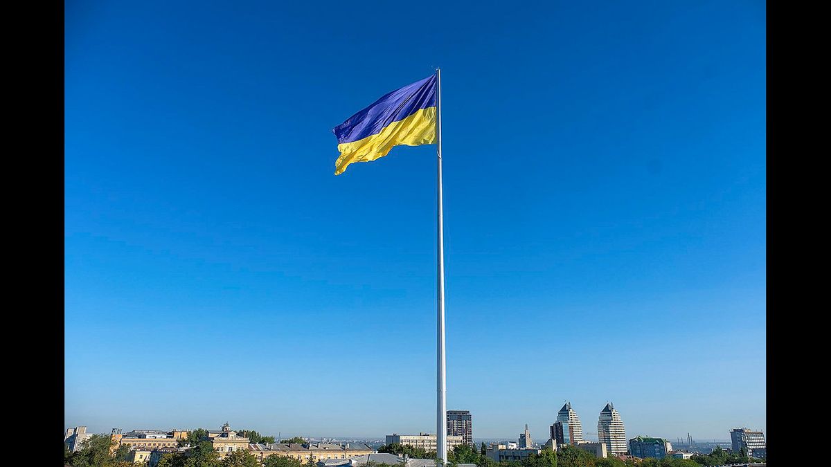 Ukraine&#039;s flag above the city of Dnipro, which has been major space industry hub since the Soviet times.