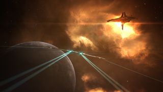 Eve Online an elegant ship flies towards a planet