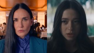 Elisabeth Sparkle (Demi Moore) has a conversation in The Substance, while Anora Mikheeva speaks in Anora