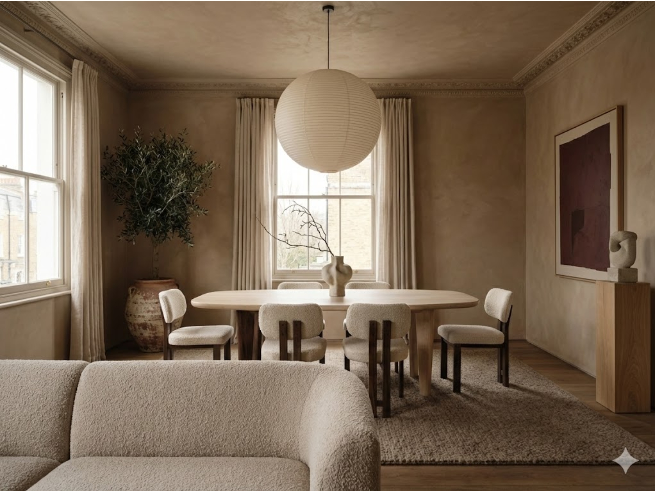 a scandi style room with limewashed wall, windows, and a sofa in the foreground