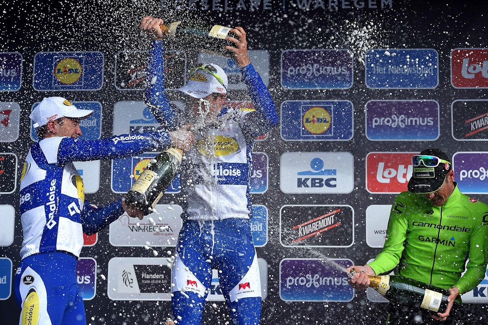 The champagne flowed freely on the Dwars door Vlaanderen podium.