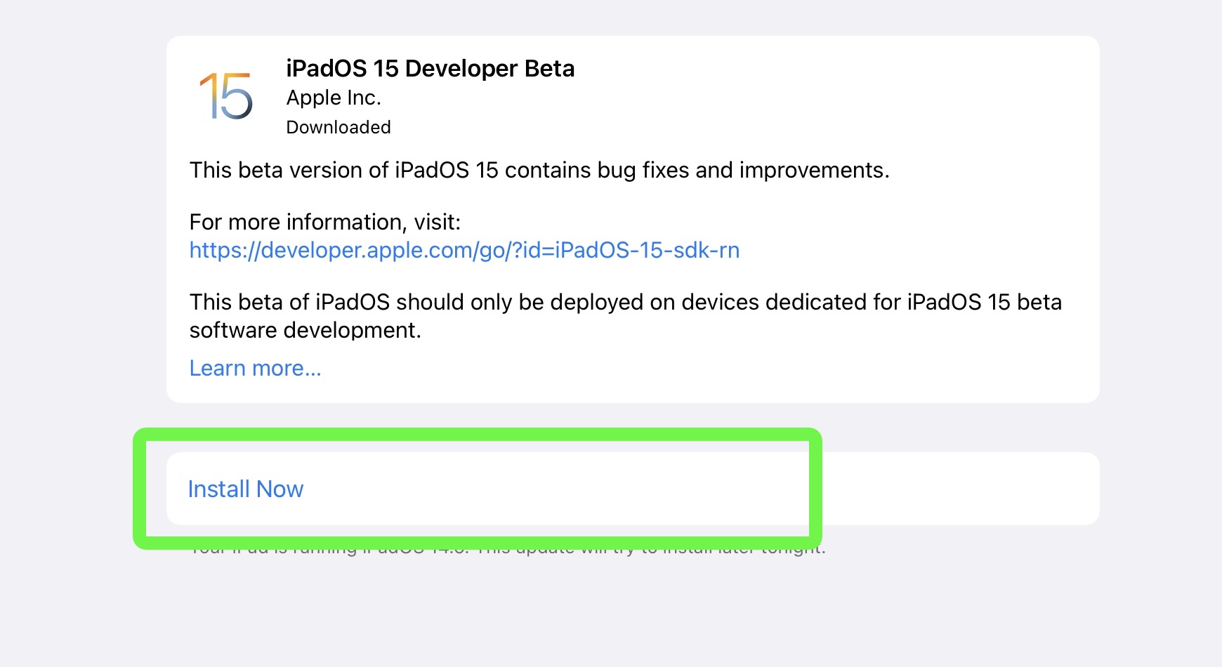 iPadOS 15 beta developer step 17 — tap install now