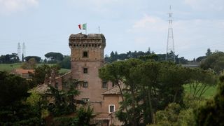 A view of the tower of Marco Simone's castle from Marco Simone Golf and Country Club