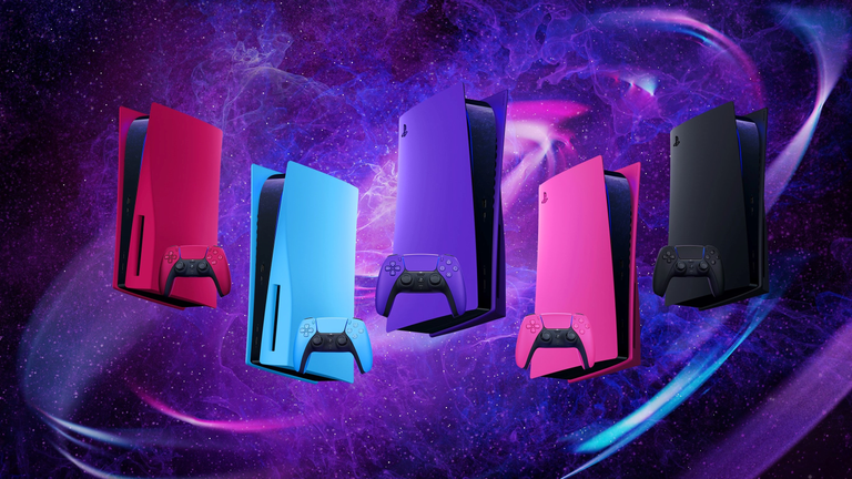 PS5 console colours - Midnight Black, Cosmic Red, Nova Pink, Starlight Blue, and Galactic Purple