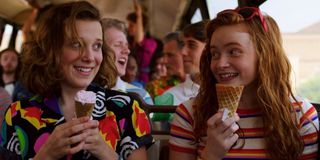 Millie Bobby Brown as Eleven and Sadie Sink as Max on Stranger Things (2019)