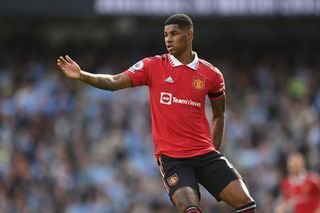 Manchester United striker Marcus Rashford in action during the Premier League match between Manchester City and Manchester United at Etihad Stadium on October 02, 2022 in Manchester, England.