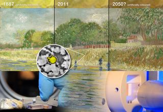 This illustration shows how X-rays were used to study why van Gogh paintings lose their shine. Top: a photo of the painting "Banks of the Seine" on display at the Van Gogh Museum, divided in three and artificially colored to simulate a possible state in 1