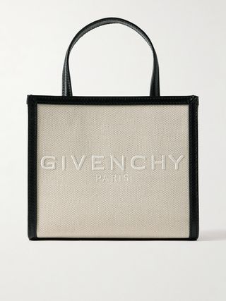 Leather-Trimmed Embroidered Canvas Tote