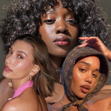 Emmanuelle Koffi, Hailey Bieber, Laura Harrier, and Sasha Mei selfies with glowing, dewy makeup