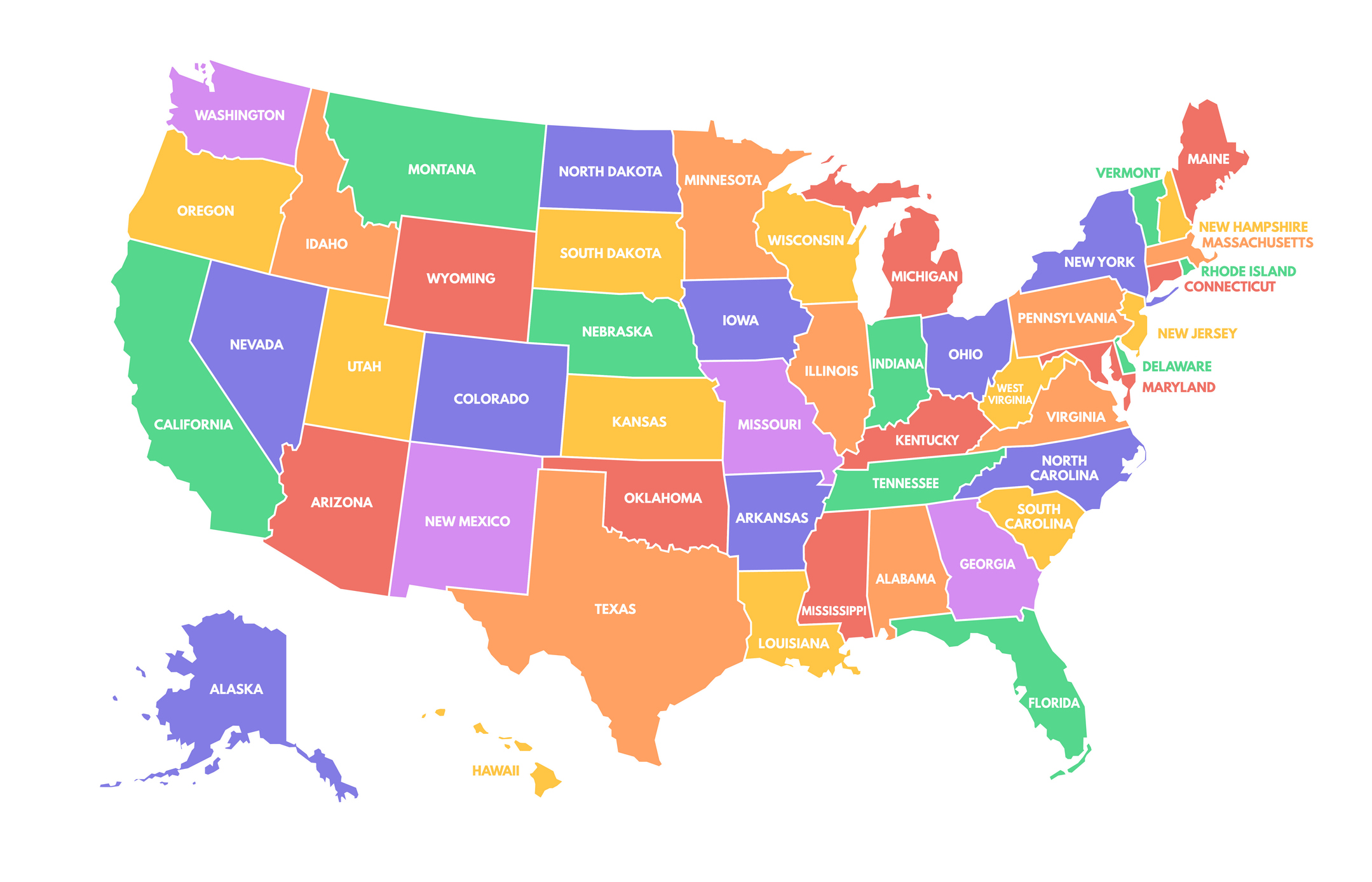 Colorful USA map. United States of America regions with different colors and names for states