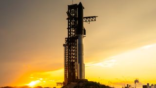 A SpaceX Starship rocket stands atop its launch pad for the Flight 10 test flight on Aug. 25, 2025.