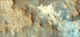 NASA's Mars Reconnaissance Orbiter took this image of the Curiosity rover (inset) on the surface of the Red Planet on Dec. 13, 2014. Image released Feb. 5, 2015. 