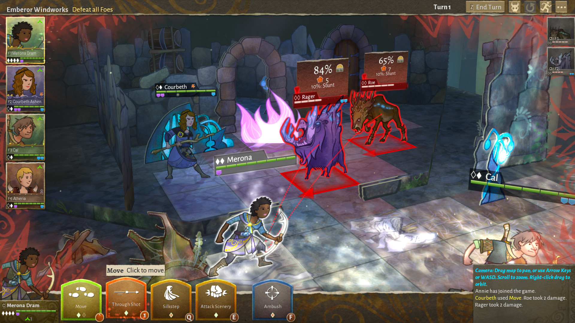 In Wildermyth, an archer and a wizard fight against two creatures on a turn-based grid