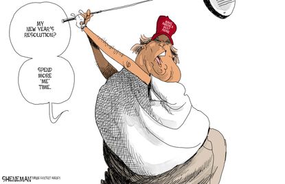 Political cartoon U.S. Trump New Year resolutions golf