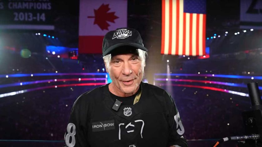 Bruce Dickinson preparing to sing at the Crypto.com Arena in Los Angeles