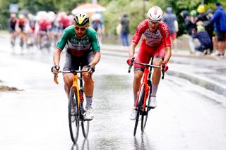 TIGNES FRANCE JULY 04 Sonny Colbrelli of Italy and Team Bahrain Victorious Anthony Perez of France and Team Cofidis in the chase group during the 108th Tour de France 2021 Stage 9 a 1449km stage from Cluses to Tignes Monte de Tignes 2107m LeTour TDF2021 on July 04 2021 in Tignes France Photo by Chris GraythenGetty Images
